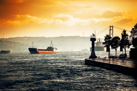 Sea landscape with ship and lighthouseの写真素材