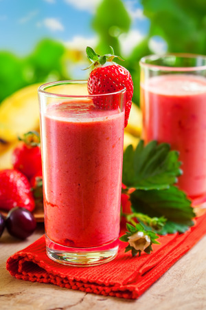Summer drink, strawberry smoothies, outdoorの写真素材