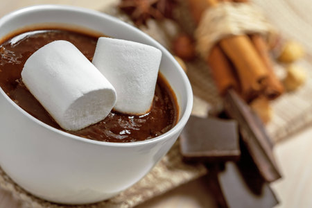 Hot chocolate with marshmallow in cup, close upの写真素材