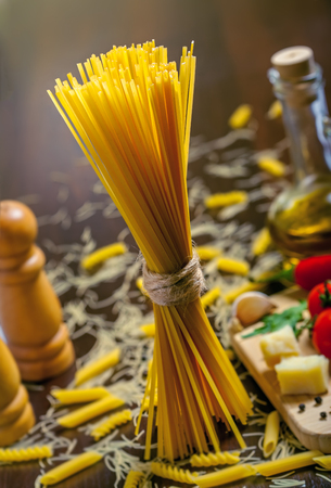 Pasta with ingredients, uncooked foodの写真素材