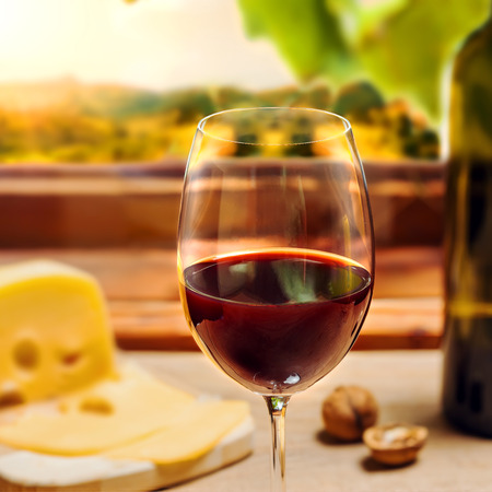 Glass of wine on tableの写真素材