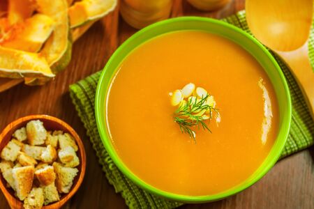 Fresh pumpkin soup, vegetarian healthy foodの写真素材
