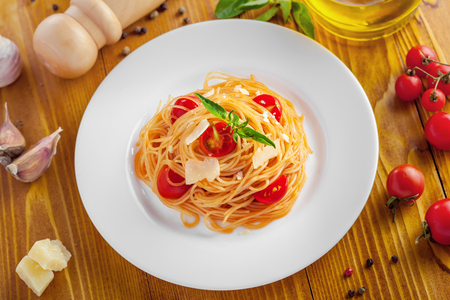 Spaghetti with tomato sauce, top viewの写真素材