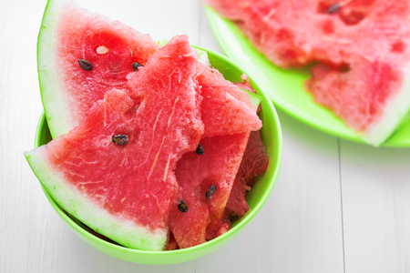 Sliced watermelon on tableの写真素材