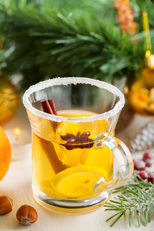 Traditional hot alcoholic drink for Christmas Eve party. Mulled cider.の写真素材