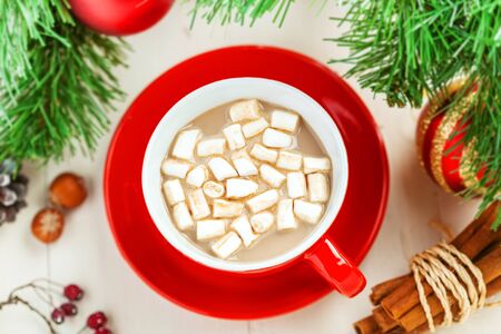 Traditional hot chocolate drink for Christmas Eve party. Mug of cocoa.の写真素材