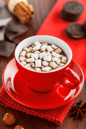Hot chocolate with marshmallow. Cocoa drink with cookies for dessert.の写真素材
