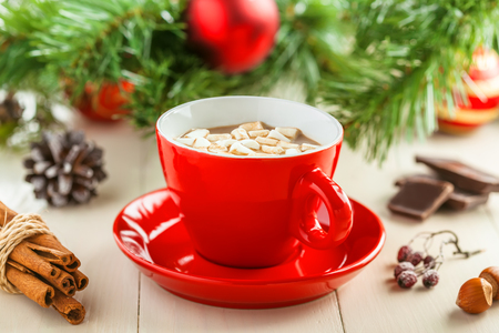 Traditional Christmas hot drink. Hot chocolate for New Year Eve celebration party.の写真素材