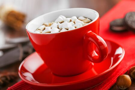 Hot chocolate in red cup with marshmallow. Delicious hot chocolate with cookies.の写真素材