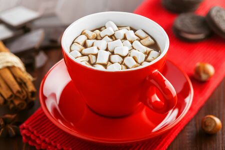Mug of hot chocolate with marshmallow. Cocoa with cookies.の写真素材