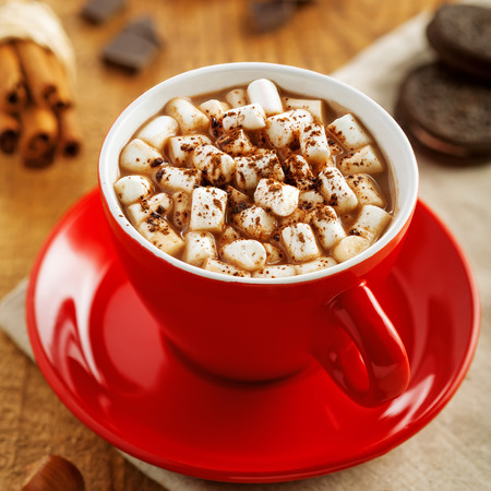 Mug of hot chocolate on table. Traditional holiday cocoa drink for breakfast.の写真素材