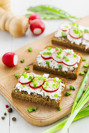 Open sandwiches with soft cream cheese and fresh radish.の写真素材