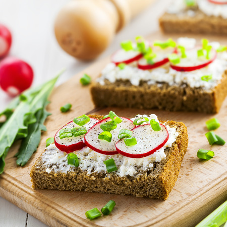 Open ray sandwiches with soft cream cheese and radish.の写真素材