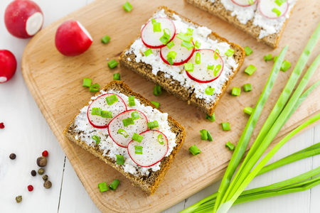 Open ray sandwiches with soft cream cheese and radish.の写真素材