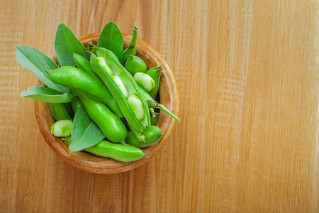 Fresh podded broad been in a bowl. Healthy highly nutrition organic raw food on a table. Top view.の写真素材