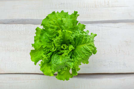 Fresh lettuce. Healthy vegetarian food on a white rustic table. Abstract concept. Top view, close-up.の写真素材