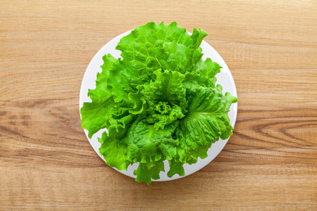 Fresh lettuce on a plate. Abstract concept of healthy vegetarian food. Top view.の写真素材