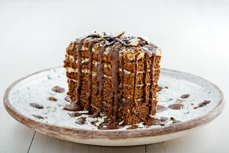 Delicious sweet chocolate Spartak cake on a rustic plate. Haute cuisine dessert. International food.