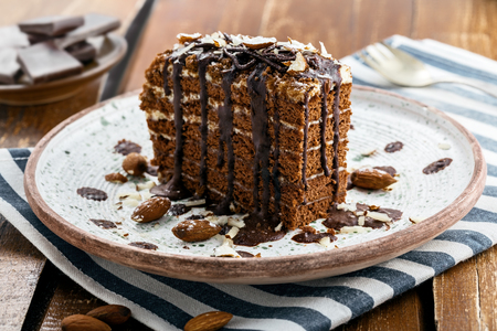 Slice of delicious chocolate Spartak cake on a rustic plate. First class dessert on a white wooden table. Close-up shot.の写真素材