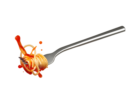 Spaghetti pasta and splash of tomato sauce on a fork.の写真素材