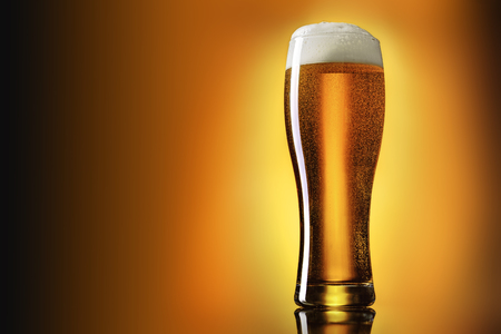 Craft light lager beer in a glass on yellow to brown gradient background.の写真素材