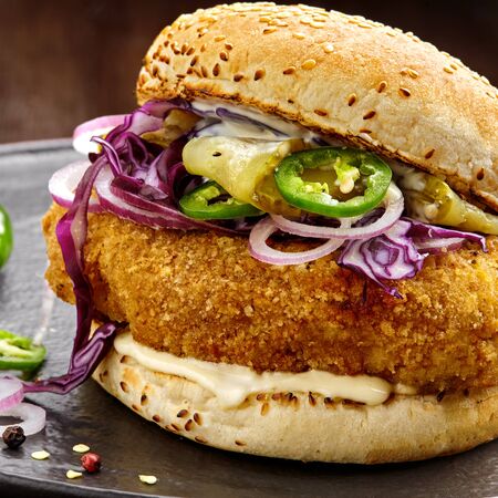 Delicious chicken burger with red onion, pickled cucumber, jalapeno and mayonnaise on a black plate. Classic American food.  Close-up shot.の写真素材