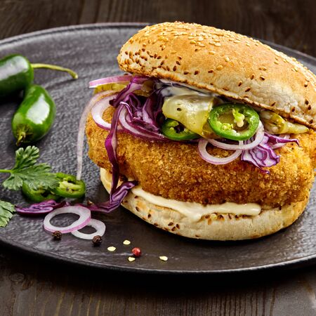 Sandwich made of chicken burger red onion, pickled cucumber, jalapeno and mayonnaise. Classic American cuisine.の写真素材