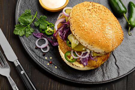 Homemade sandwich with chicken burger red onion, pickled cucumber, jalapeno and mayonnaise on a black pottery plate.  Top view, directly above shot.の写真素材