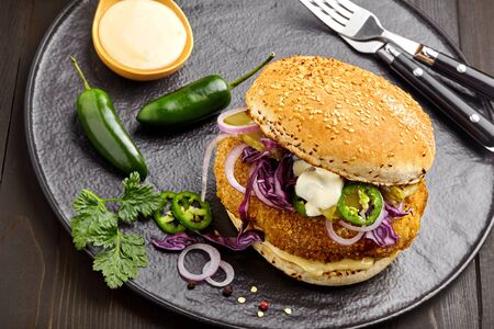 Delicious chicken burger with red onion, pickled cucumber, jalapeno and mayonnaise on a black plate. Classic American food. Top view, directly above shot.の写真素材