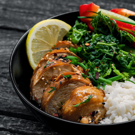 Buddha bowl meal with teriyaki chicken fillet, fresh vegetable salad, stew cabbage and basmati rice...