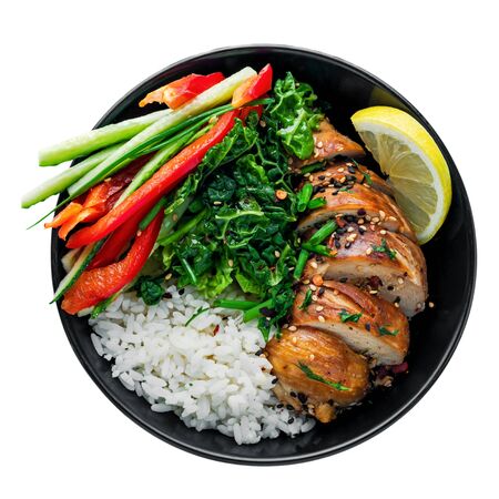 Delicious Buddha bowl with teriyaki chicken, fresh vegetables and basmati rice isolated on white background. Top view, directly above shot.の写真素材