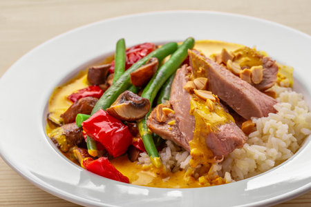 Pork Curry with Rice and Green Beansの写真素材