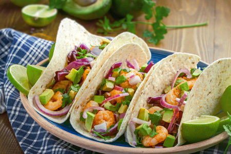 Gourmet Shrimp Soft Tacos with Avocado and Cabbage Slawの写真素材