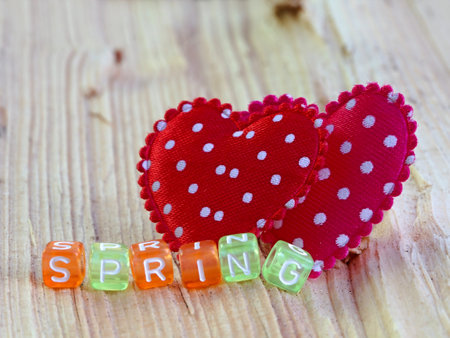 Spring sign with heart on the wooden background 