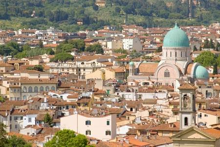 Photo shows a general view onto the city with its roofs, houses and trees.の写真素材
