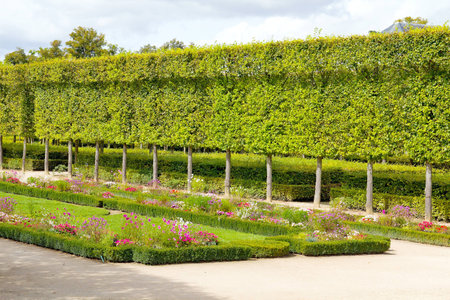 Photo shows French green garden with flowers and monuments.の写真素材