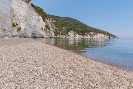 Detailed view of sandy beach with blue sea, mountains and green trees.の写真素材