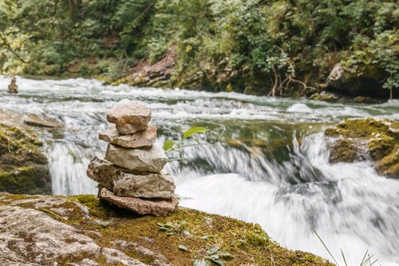 Photo shows close-up of floating river in the middle of forest in summer.の写真素材