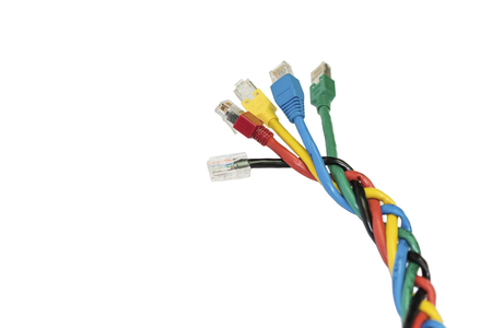 Multi colored ethernet cables on a white background. Network equipment accessoriesの写真素材
