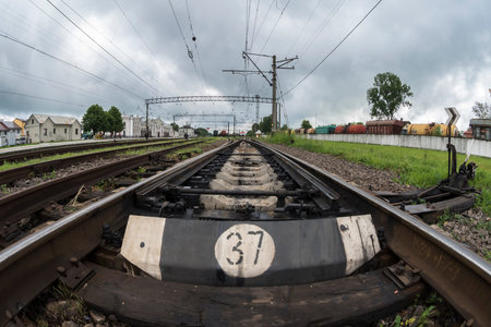 Railway line with its elements, fisheye effect, Ukraineの写真素材