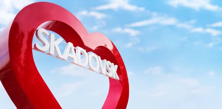 Skadovsk, Kherson region, Ukraine - June 22, 2017: Heart with the inscription Skadovsk on the waterfront of the city, blue sky background, landmarkのeditorial素材