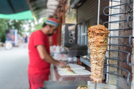 Cooking process of shawarma, traditional turkish meat, workflow closeup, setの写真素材
