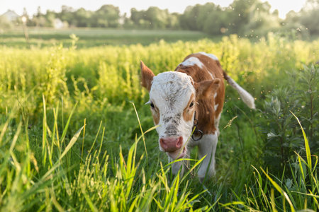 Young bull chews grass on the meadow, flies fly around head. Stories about rural life in Ukraine