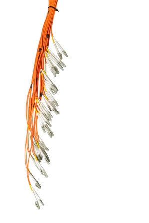 Bunch of fiber optic cables and connectors, isolated on white background. IT technology, data...