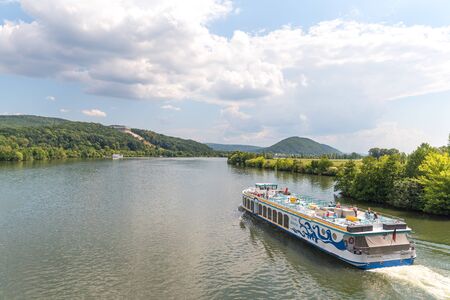 Donaustauf, Bavaria, Germany - July 27, 2018 : Furstin Gloria ship with tourists sails on Danube River to Walhalla memorial, tour tourism.のeditorial素材