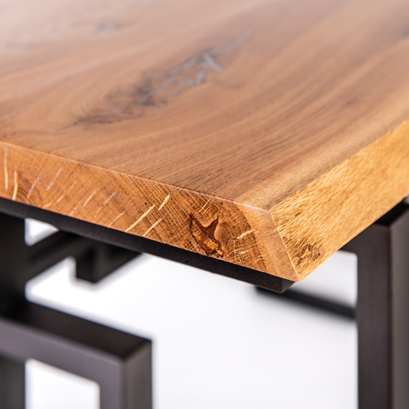 Loft style table: oak cover, metal base in matte black color, angle view. Custom furniture manufacturing services. Modern furniture, interiorの写真素材