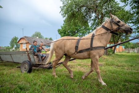 Litynia village, Ukraine - June 02, 2018: Two young boys riding on an old wooden cart. Life in a villageのeditorial素材