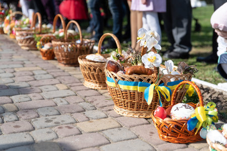 Voroblevychi village, Drohobych district, Western Ukraine - April 07, 2018: Easter baskets with food are ready for consecration. Christian traditions, celebration of Easter in Ukraineのeditorial素材