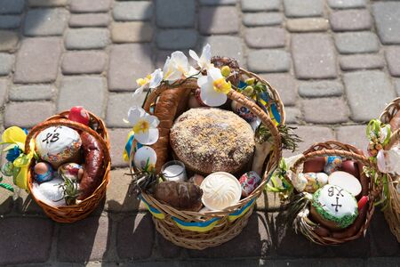 Voroblevychi village, Drohobych district, Western Ukraine - April 07, 2018: Easter baskets with food are ready for consecration. Christian traditions of celebration of Easter in Ukraineのeditorial素材
