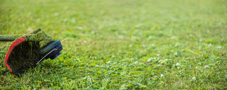 String trimmer on mown grass. Banner format background with copy space. Theme of lawn care services,...